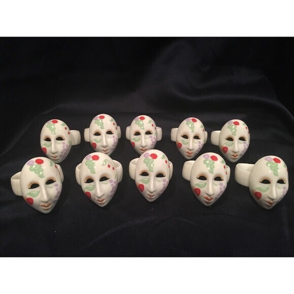 10 Ceramic AUDREY NAPKIN RING HOLDERS FACE MASK Floral‎ Marzi Gras - Picture 1 of 10